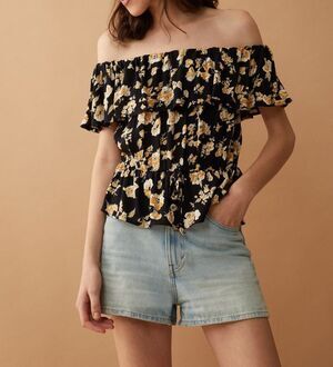 NWT Bohera Aveline Flounce Off-Shoulder Top  Women Sz XL Black Floral Peasant